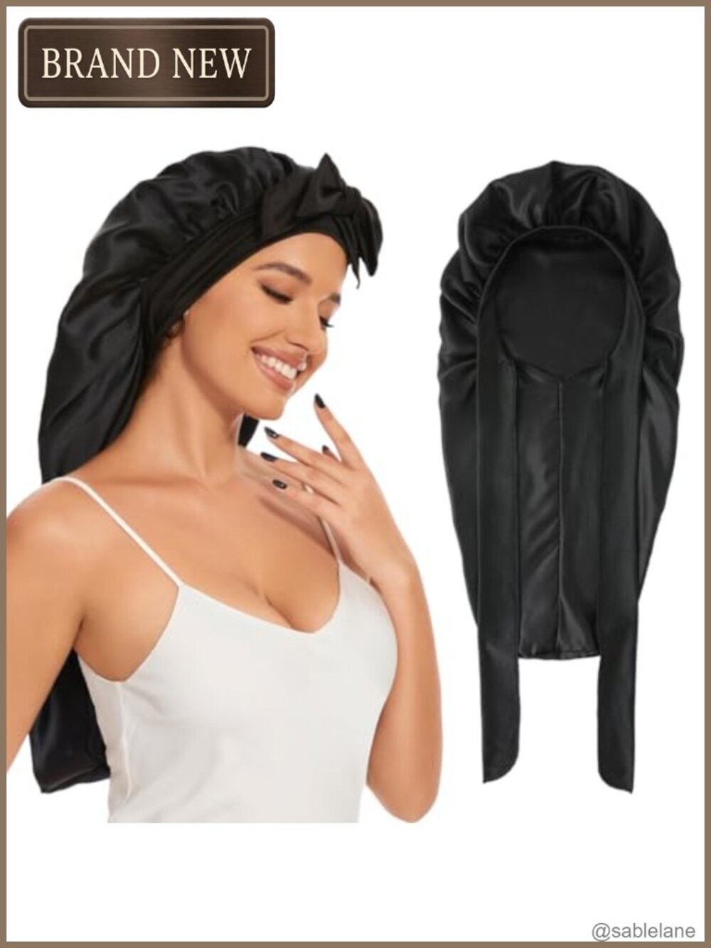 Long Satin Bonnet for Sleeping, Satin Lined Braid Bonnet with Adjustable Strap,